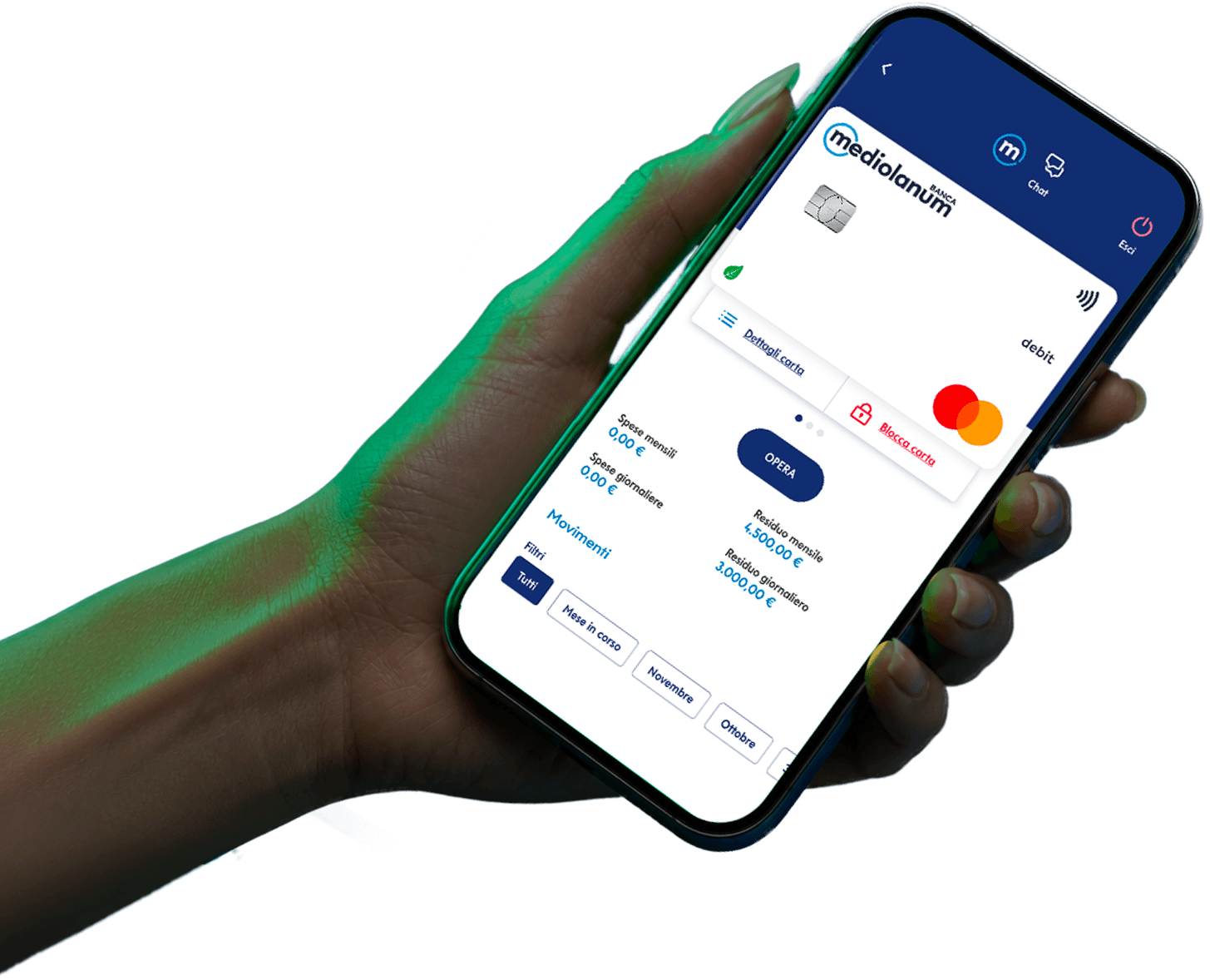 Smartphone con app SelfyConto e carta di debito Mediolanum