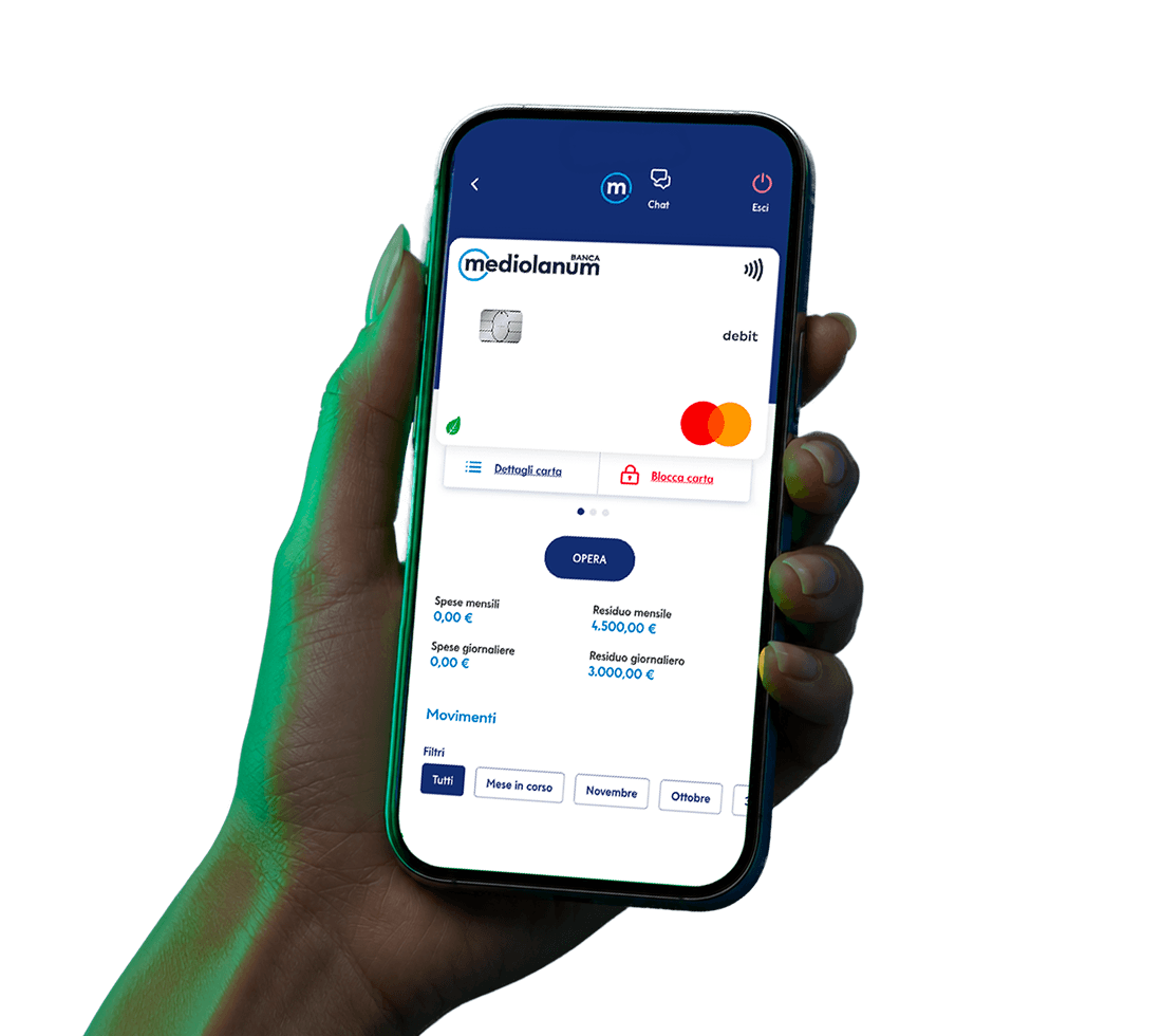 Smartphone con app SelfyConto e carta di debito Mediolanum