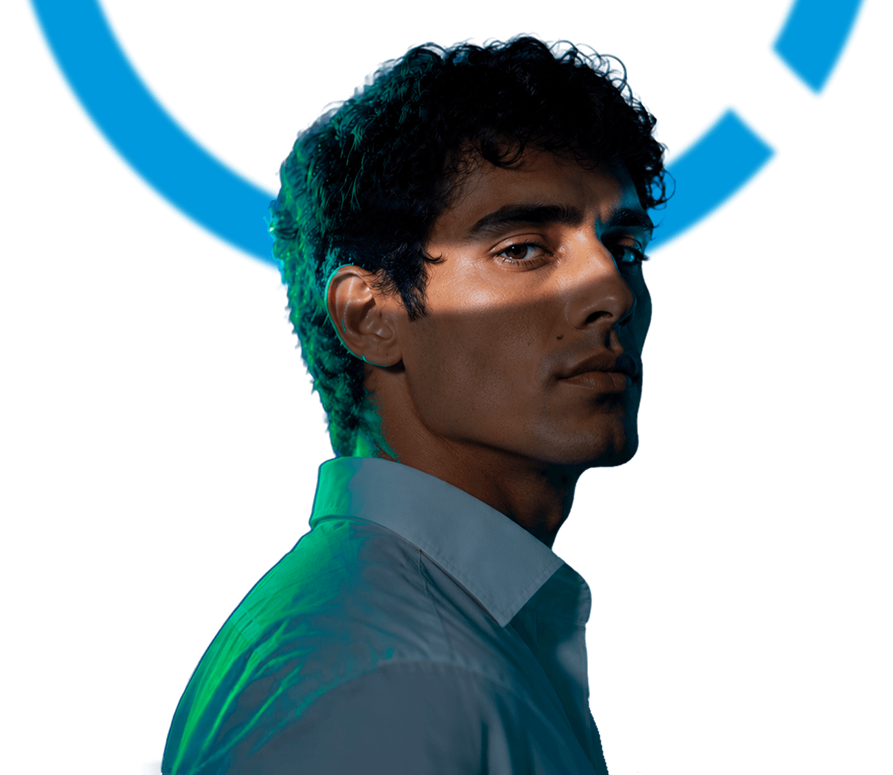 Quando hai Mediolanum, si vede: ritratto con illuminazione neon blu e verde